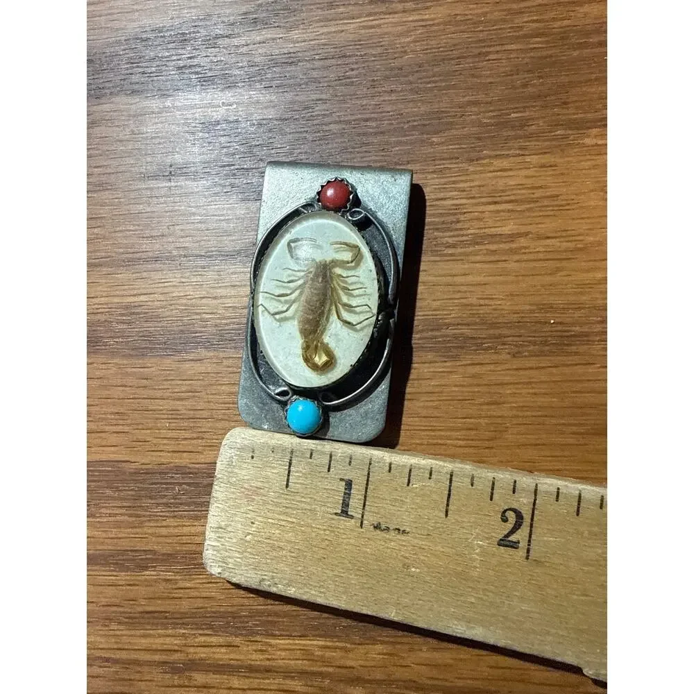 Vintage Southwestern Scorpion Money Clip Turquoise Coral Color Accents